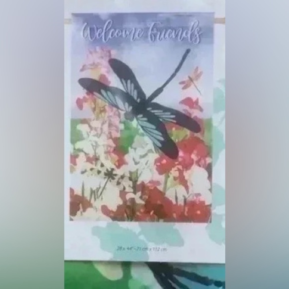 House:Porch Flag, Welcome Friends,dragonfly & flowers - 28x44”